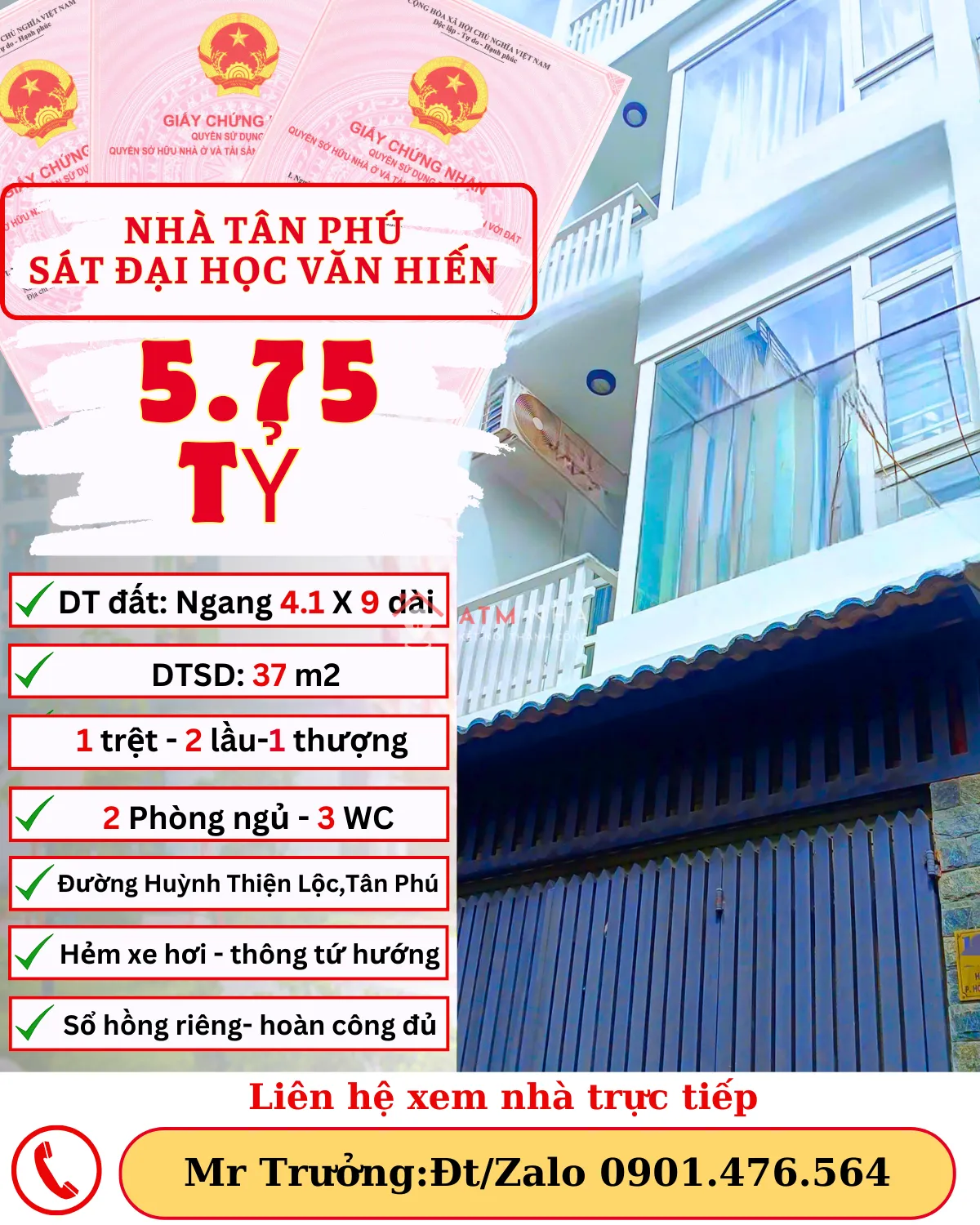 [ NHÀ TÂN PHÚ ] 4.1m x 9m-Hẻm XE HƠI-5,75 TỶ - GẦN ĐẠI HỌC VĂN HIẾN